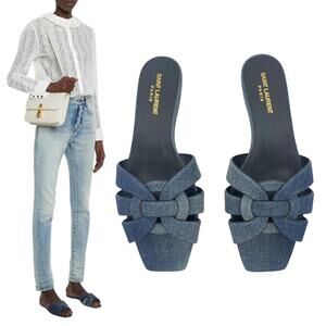 Saint Laurent YSL Tribute Mule Flat Sandal in Denim Deep Navy Jean Size 40